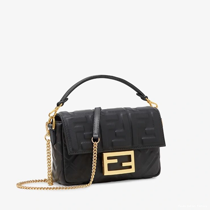 Affordable HOT Mini Nappa Leather Baguette FF Bag In Fendi Motif Black 0824